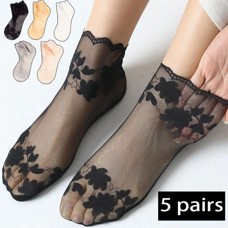Floral Lace Socks 5Pairs Women Summer Breathable Elastic Leaves Boat Sock Invisible