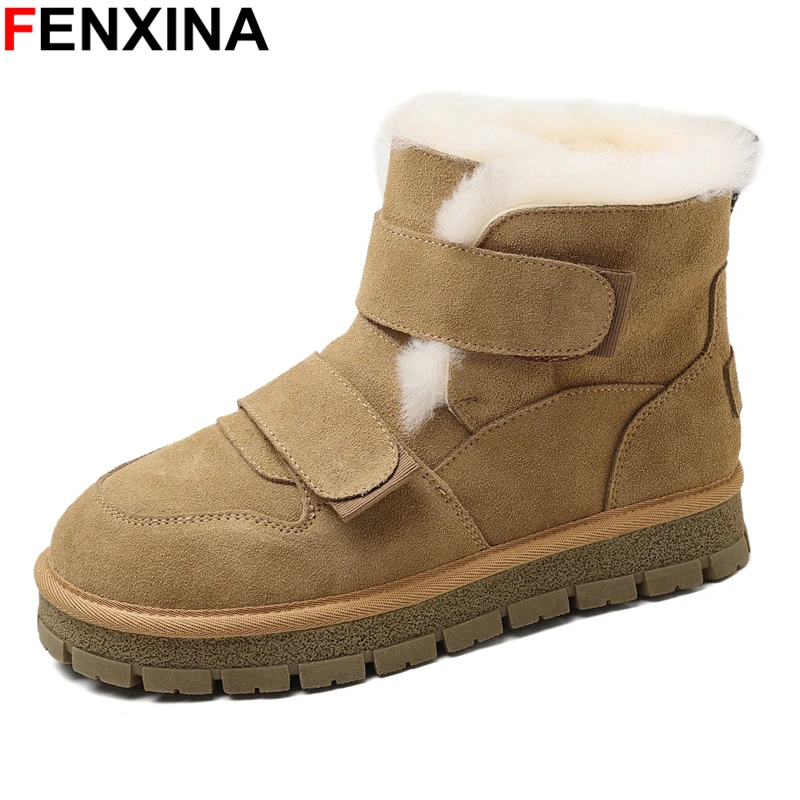 

FENXINA 2024 New Suede Leather Snow Boots Women Flat Warm Fur Winter Boots Ladies Platform Ankle Boots Shoes