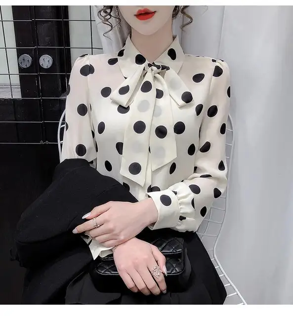 black and white polka dot blouse with bow