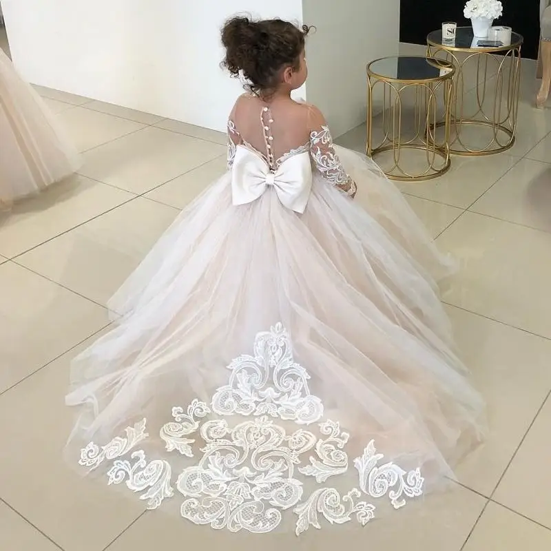 

Ivory Lace Kids Flower Girl Dress For Wedding Long Sleeve Tulle Princess Party Pageant Gown For Girls Holy First Communion Dress