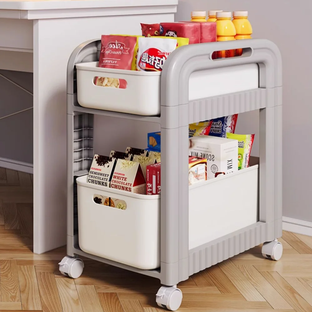Rolling Cart 2-Tier School Bag Shelves Movable Bookshelves Drawer Style Storage Rack Under-Table Wheeled Snack Storage Trolley