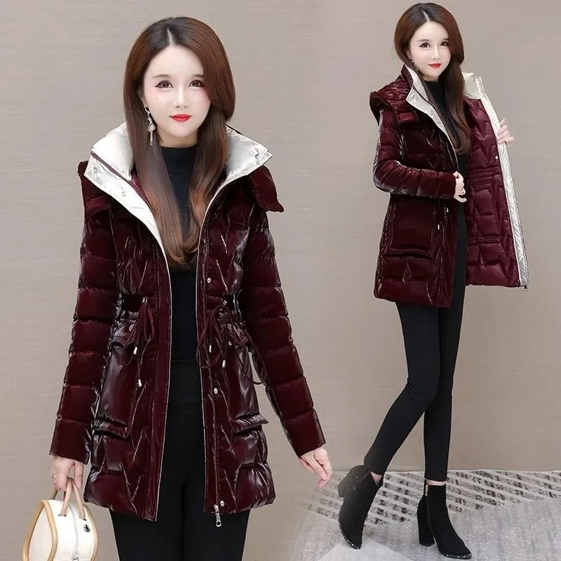New Women's Down Cotton Coat Winter Warm Jacket Long Thick Bright Face Wash Padded Jackets Female Hooded Parker Overcoat Red 5XL