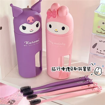 귀여운 헬로 키티 쿠로미 마이 멜로디 여행 휴대용 칫솔 세트, 애니메이션 산리오 가리 하트, 귀여운 구강 세정제 컵, 세면 용품