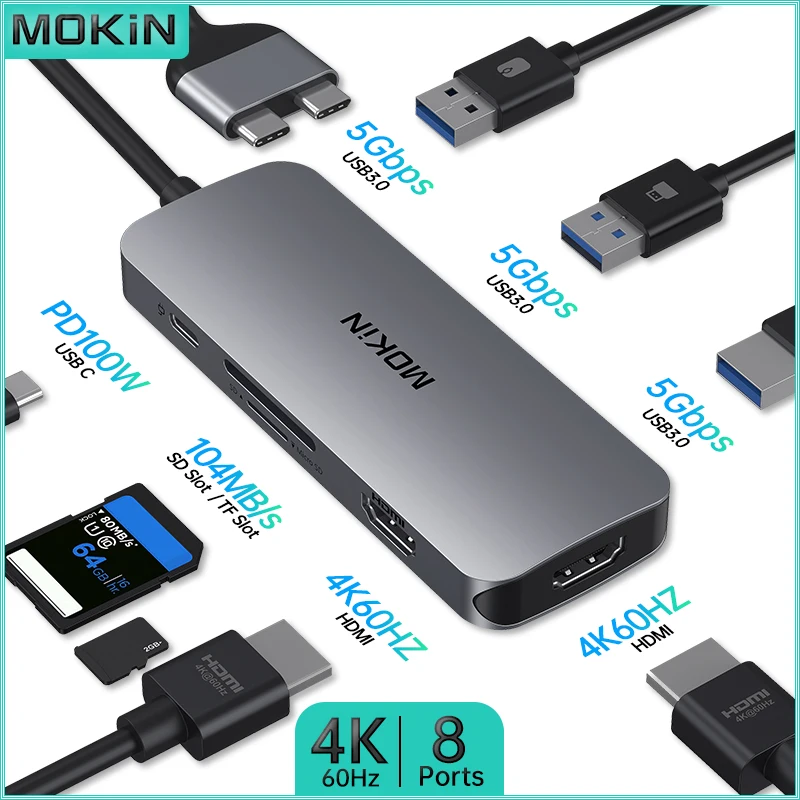 

MOKiN 8 in 2 Docking Station - USB3.0, HDMI 4K60Hz, PD 100W, SD, TF - Perfect for MacBook Air/Pro, iPad and Thunderbolt Laptops