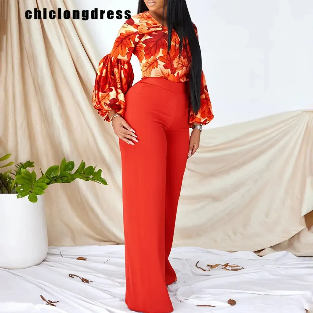 2024 Summer Fashion Printing Two Piece Set Women Office Ladies Casual Printing Shirt Wide Leg Pants Two Piece Set African Women