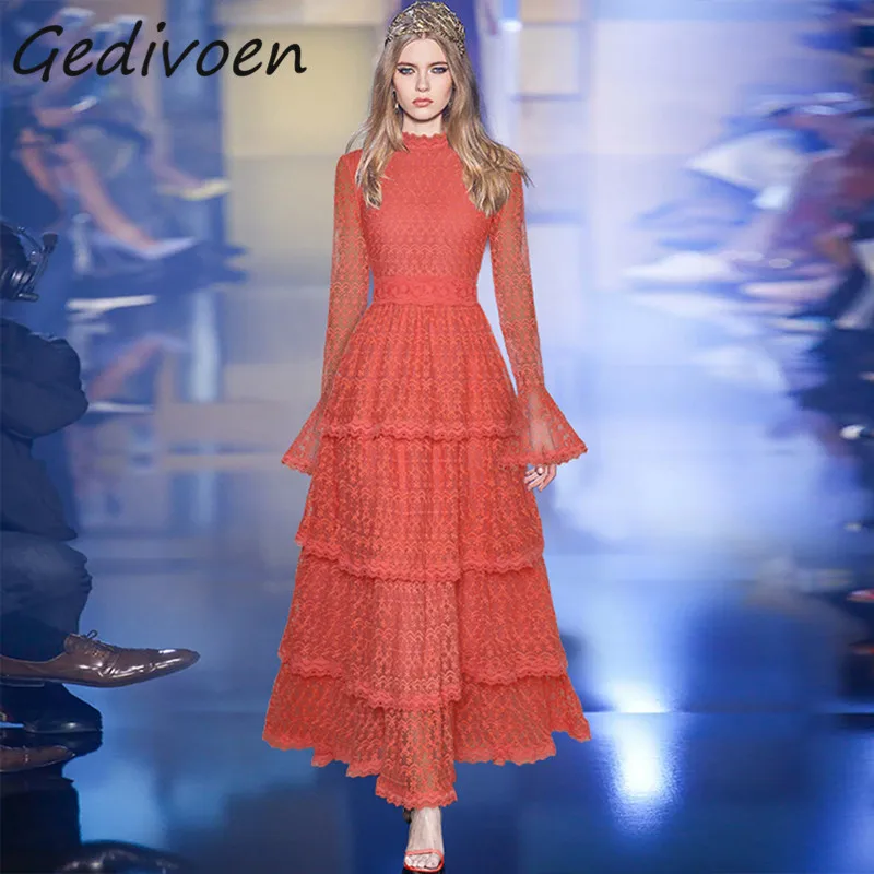 

Gedivoen Summer Fashion Runway Vintage Mesh Embroidery Dress Women's Flare Sleeve Perspective Party High Waist Cake Long Dress