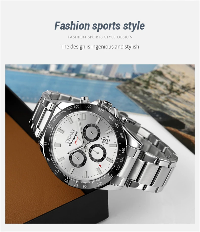 2022 New Casual Sport Chronograph Men's Watches Stainless Steel Band Wristwatch Big Dial Quartz Clock with Luminous Pointers