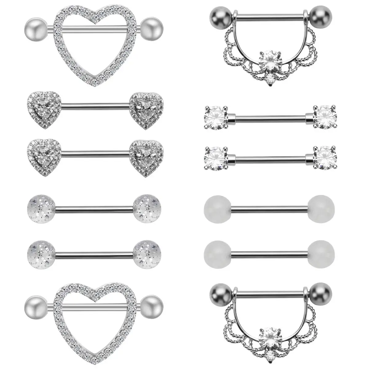 

12 Pieces Surgical Stainless Steel Acrylic Crystal Nipple Rings Tongue Ring CZ Barbell Heart-Shape Piercing Body Jewelry Woman