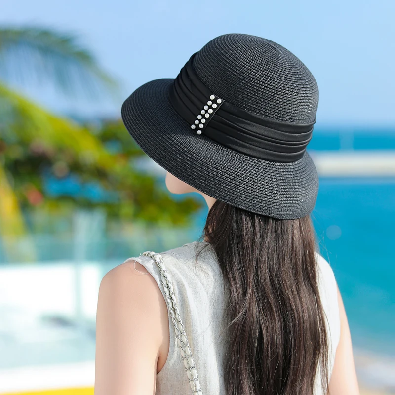 Straw Hat for Women Sunscreen Holiday Travel Beach Cap Retro Hepburn French Style Bucket Hat Pearl Decoration Fisherman Sun