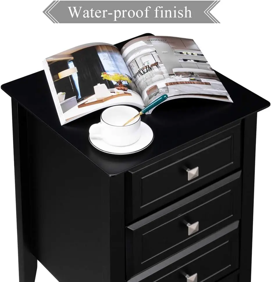 Upgraded Black Nightstand with Drawers, Night Stands for Bedrooms, Modern Bed Side Table/Night Stand with Metal Knobs for