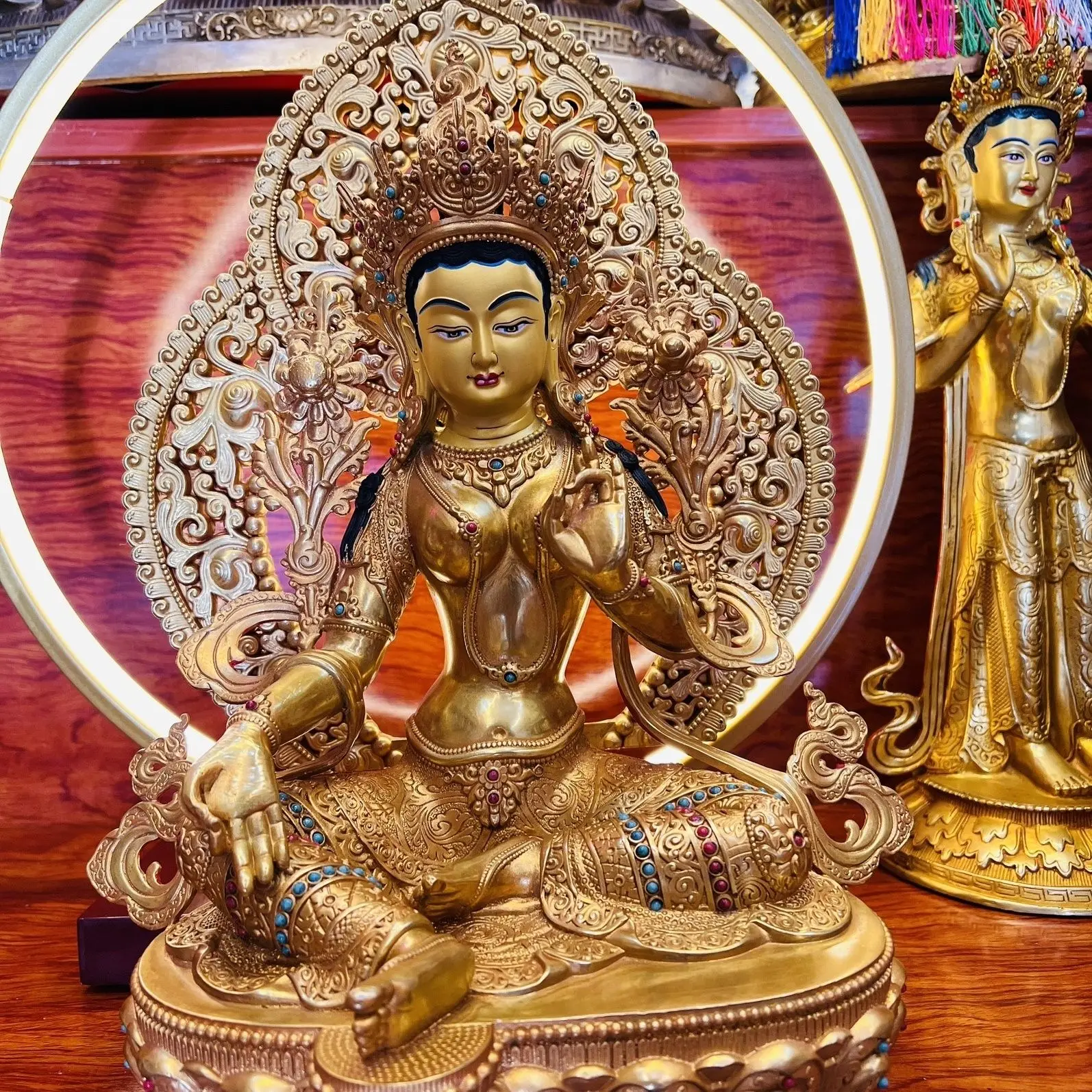 Green Tara Bodhisattva bronze statue pure copper ornament boutique Tibetan tantra Buddha statue home one foot gilt carving 6