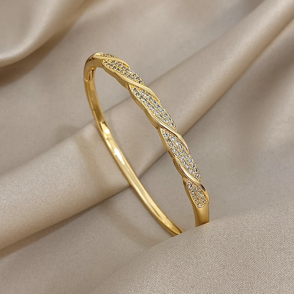 Elegant Zircon Geometric Stackable Cuff Bangle with Rhinestone Charms