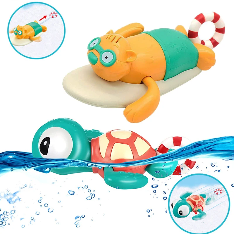 

Pull String Baby Bath Toy Pull Go Sea Turtle Cute Surfing Swimming Beaver Windup Clockwork Bathtub No Battery Needed for Toddler