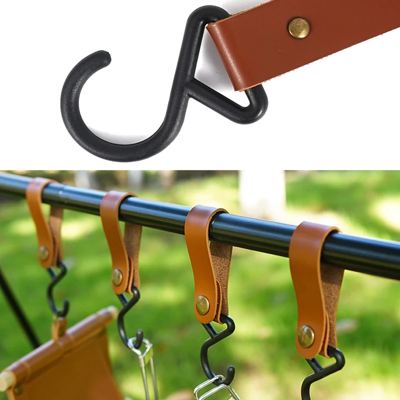 

S-Shaped Leather Hanging Hooks Triangle Storage Rack Shelf Hook Keychain Portable Outdoor Camping Hiking Hanger Camping Supplies