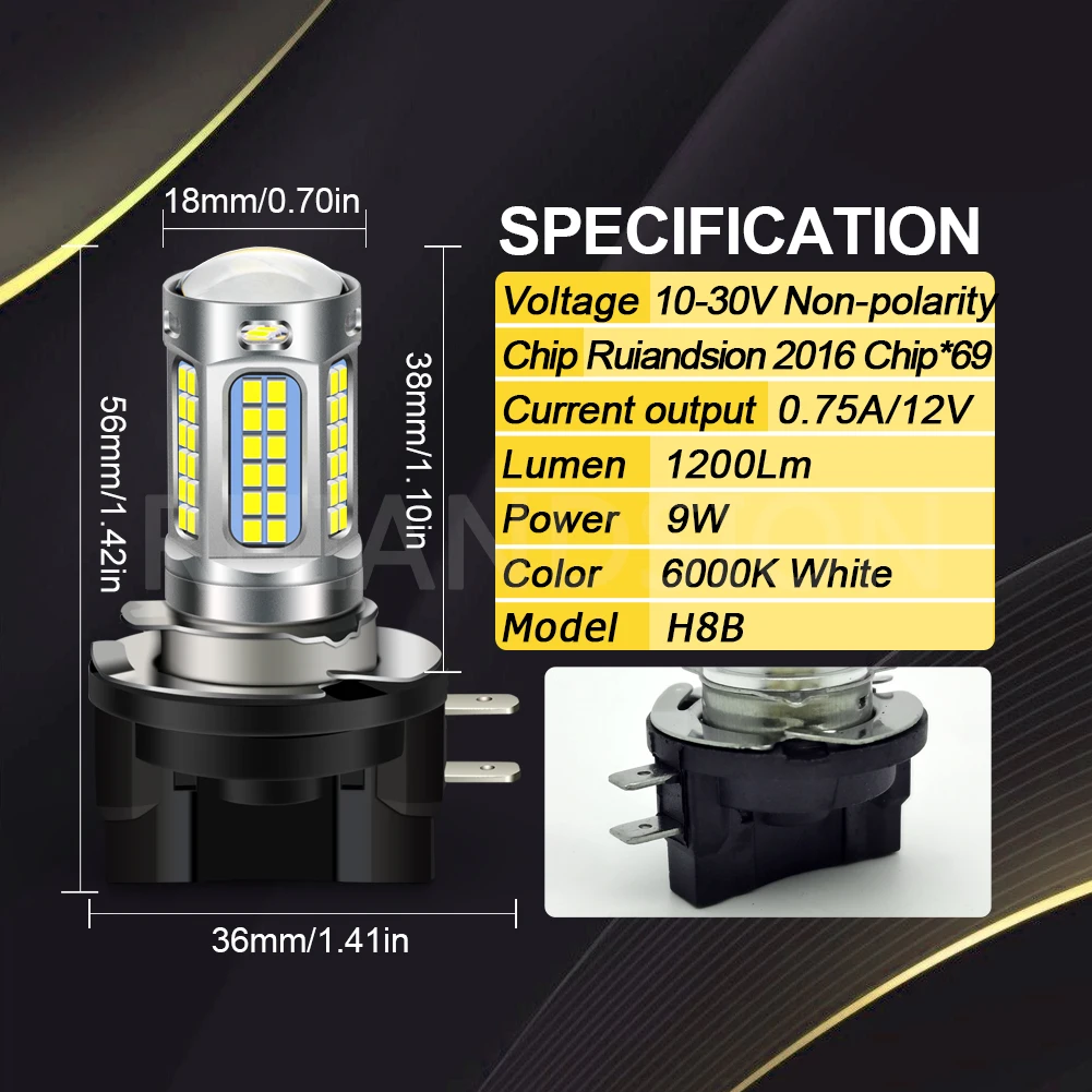 H8B LED H9B H11B 안개등 1200Lm 초고휘도 10-30V 12V 24V 호환 주간 주행등 DRL 트럭 SUV RV 범용 2개