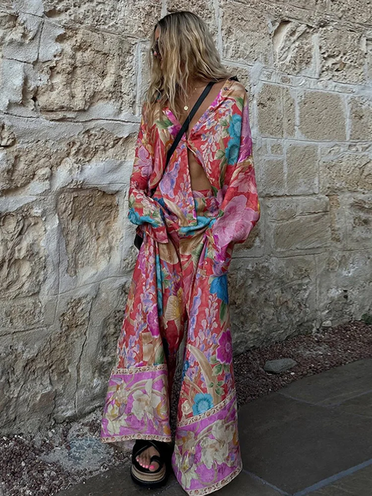 Floral Print Chiffon Women's Two Pieces Set Loose Single Breasted Long Sleeve Shirts Wide Leg Pants 2025 Vacation Lady Outfits 3