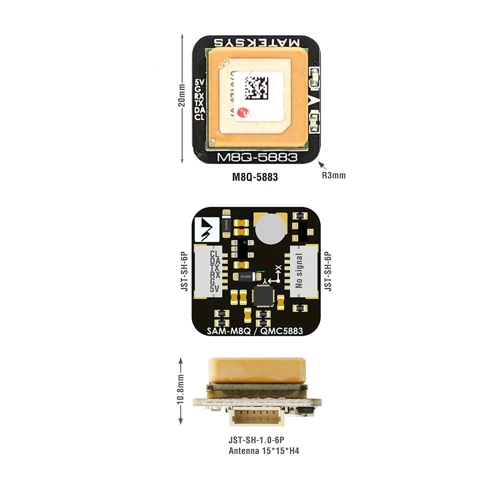 Module GPS M10Q-5883 connecté à un drone FPV, avec câbles et connecteur visible