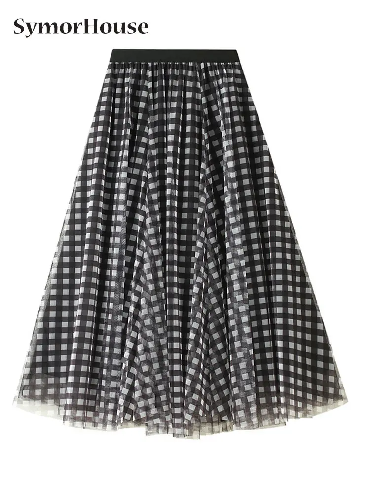 

Spring Summer Autumn Fashion Tutu Tulle Long Skirt for Women Vintage Plaid Print High Waist Pleated Mesh A-Line Skirt Female