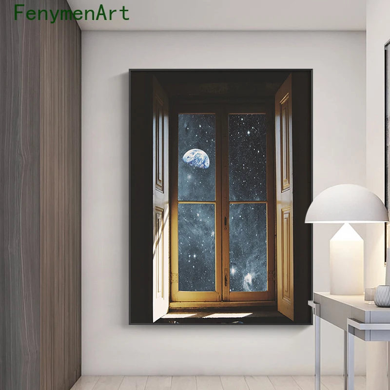 Nordic Window Outside Landscape Canvas Painting Wall Art Starry Wall Posters for Living Room Home Decor Modern Art Print Picture