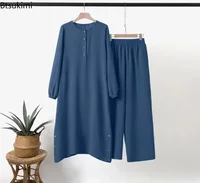 Chemisier arabe pour femmes musulmanes, ensembles assortis, survêtement élégant pour femmes, chemise unie décontractée + pantalon à jambes larges, costume, vêtements modestes 6