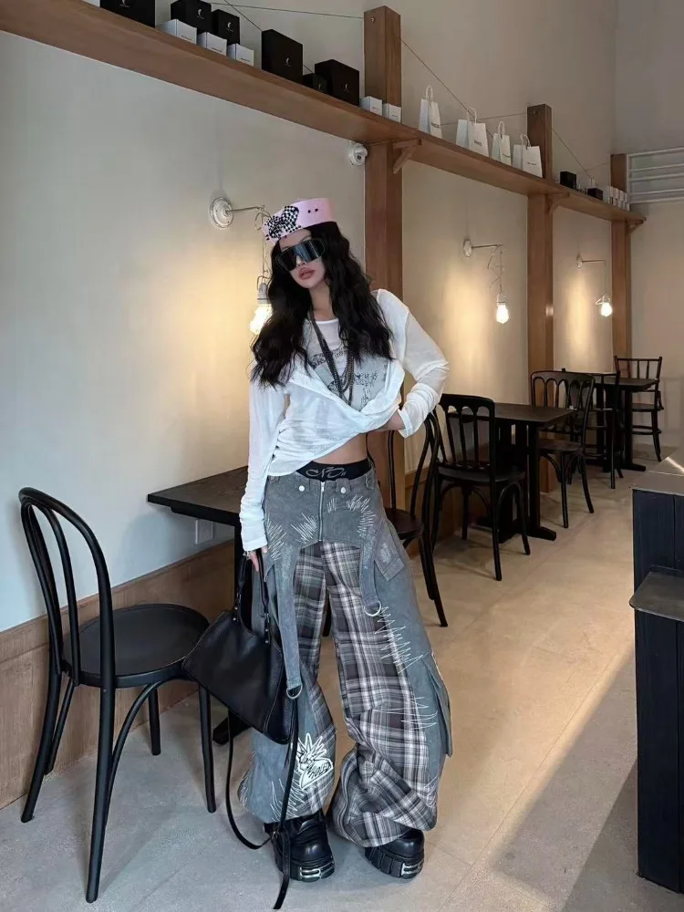 American Street Plaid Patchwork Gray Jeans for Women 2026 Loose Straight Wide Leg Pants Y2k High Waist Women's Clothing