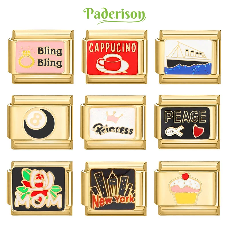 

Paderison Retro Italian Charm Bracelet Cake Coffee Boat Italian Charm Links Fit 9mm Bracelet Stainless Steel DIY Jewelry Making