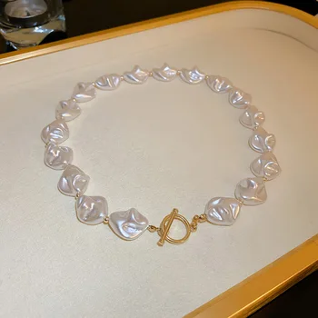 Trend Elegant Jewelry Heart Pendant Necklace For Women Fashion Irregular White Imitation Big Pearl Chain Choker Necklace N0456 6