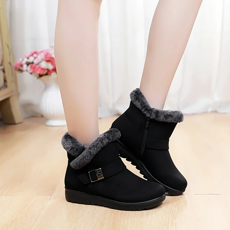 

Женские зимние ботильоны с флисовой подкладкой, удобные теплые Нескользящие ботинки с ремешком и пряжкой, однотонная обувь без застежки