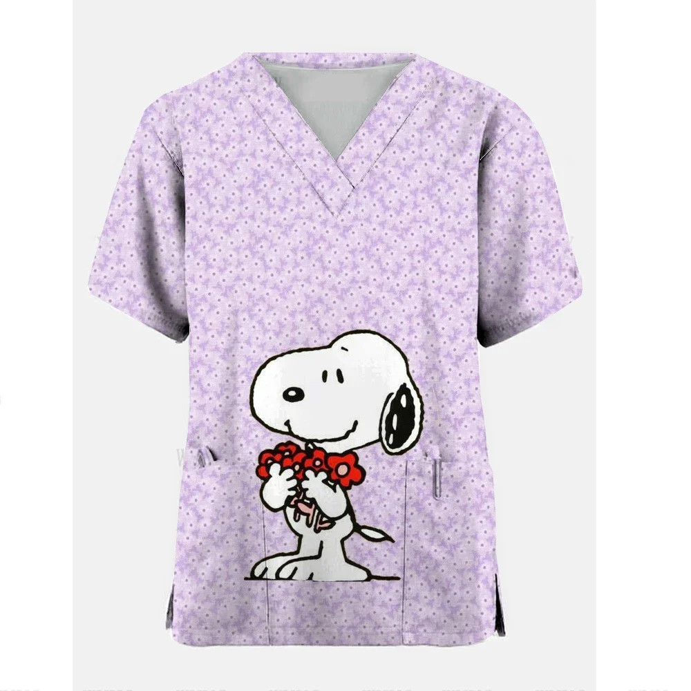 Nurse Uniform Women Short Sleeve Snoopy print Working Uniform Pocket Blouse Scrubs Tops Nursing Medical Uniforms Accessories 2