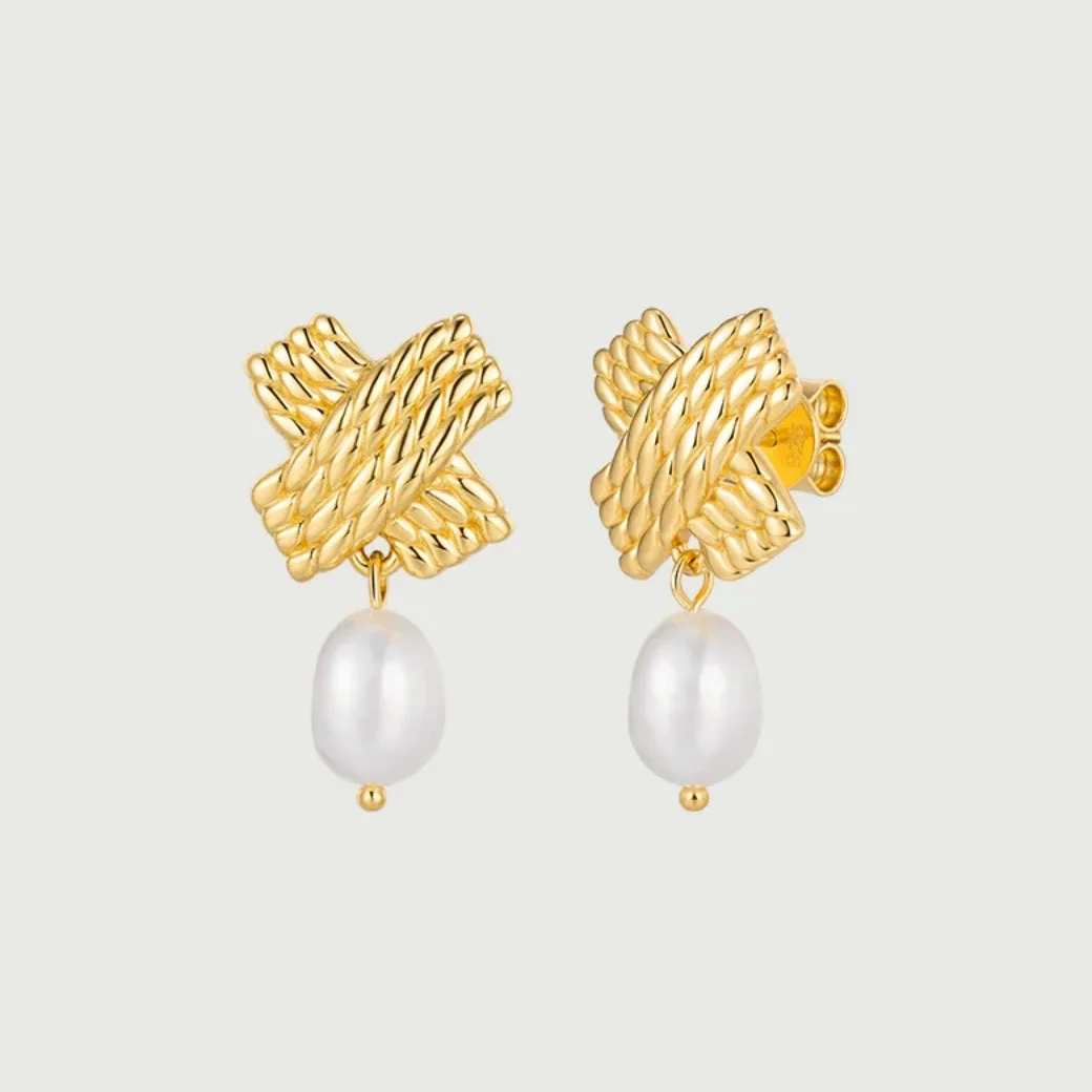 Vintage Striped Twisted Interweaving Geometric Dangle Earrings 18K Gold Plated Waterproof Pearl Cross Ear Stud Wed Jewelry Gifts