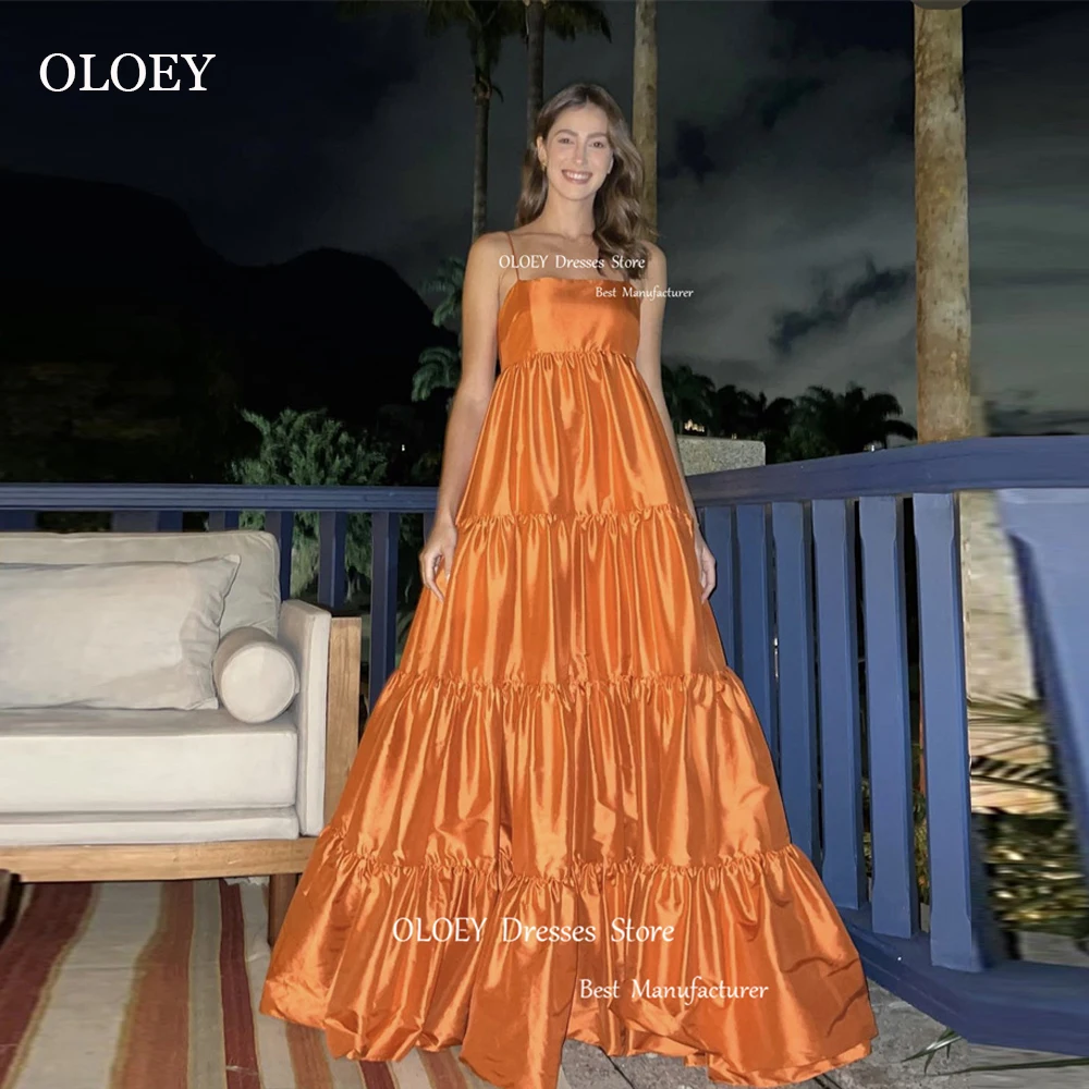 

OLOEY Spaghetti Straps Orange Evening Dresses Straight Satin Tiered Empire Pregnant Women Prom Gowns Long Fomral Party Dress