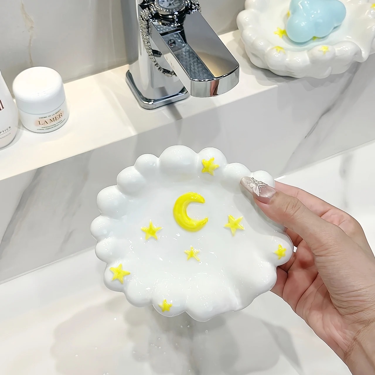 Creative Ceramic Soap Box, Light luxury Star Moon Pattern Soap Dishes Home Bathroom Kitchen Supplies, Bathroom storage rack, 1Pc