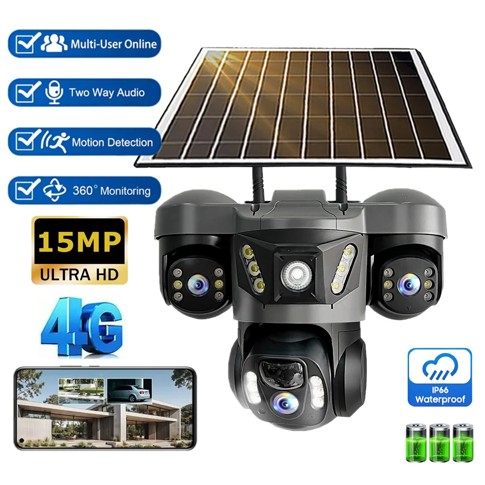 15MP Triple Lens PTZ 10X Zoom Solar Camera Outdoor Triple Screen 4G WIFI Auto Tracking Smart Home Wireless CCTV Cam Waterpfoof