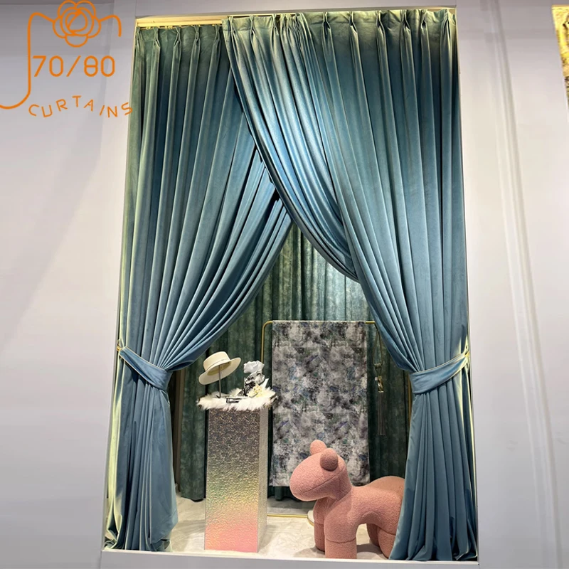 

New Solid Blue Velvet Thickened Blackout Curtains for Living Room Bedroom French Window Villa Customized Finished Products