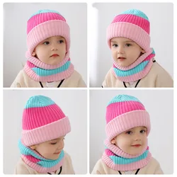 Winter Hat Scarf Set for Child 2022 Striped Beanies Hats for Girl Boy Solid Color Knit Thick Beanies Scarves Set for Girl Kids