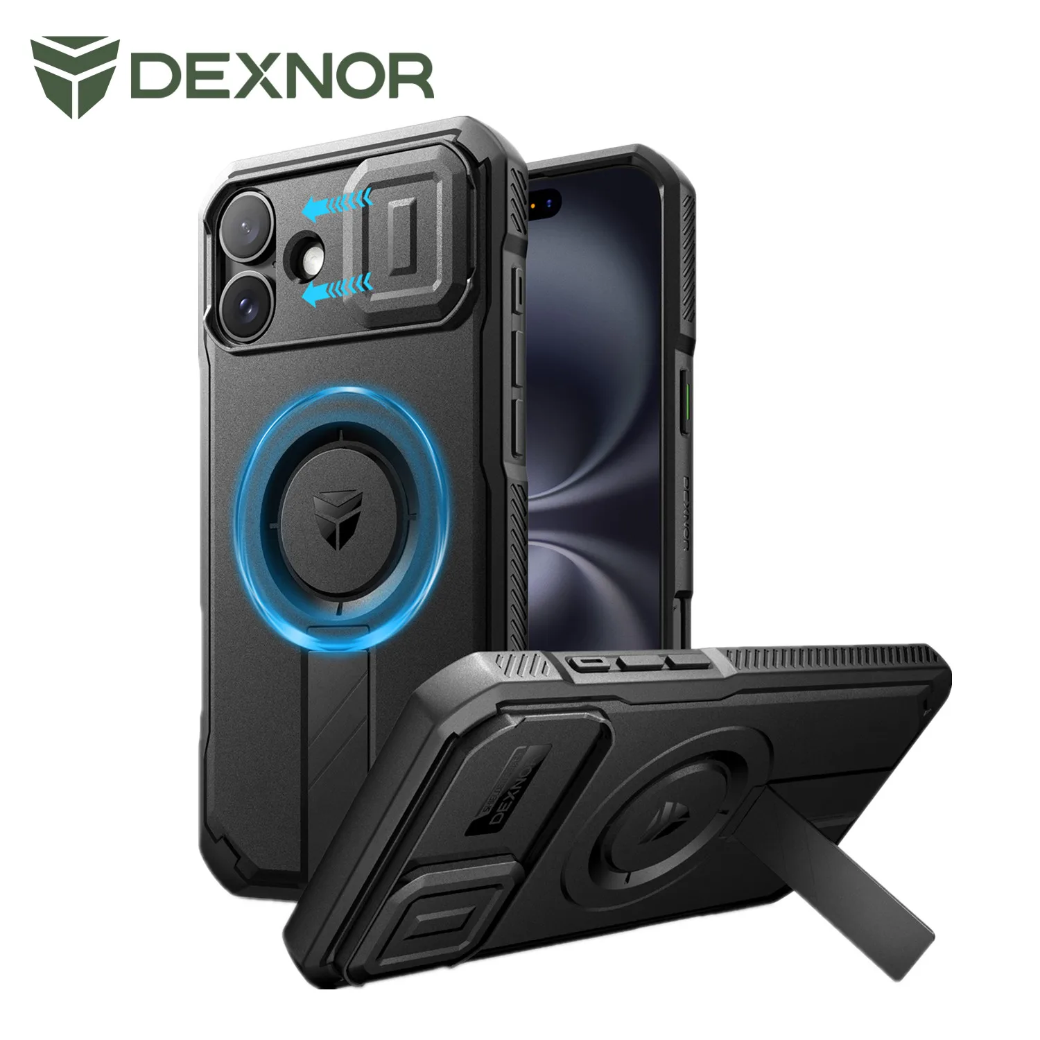 Rugged Shockproof Phone Case with Slide Camera Cover & Adjustable Kickstand