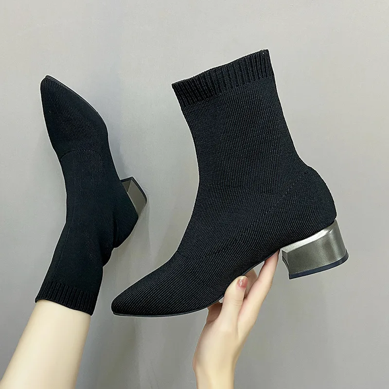 2024 Autumn Winter Boots Women Versatile Mid-high Thick Heel Short Boots 35- 42 Square Head Knitting Elasticity High Heels