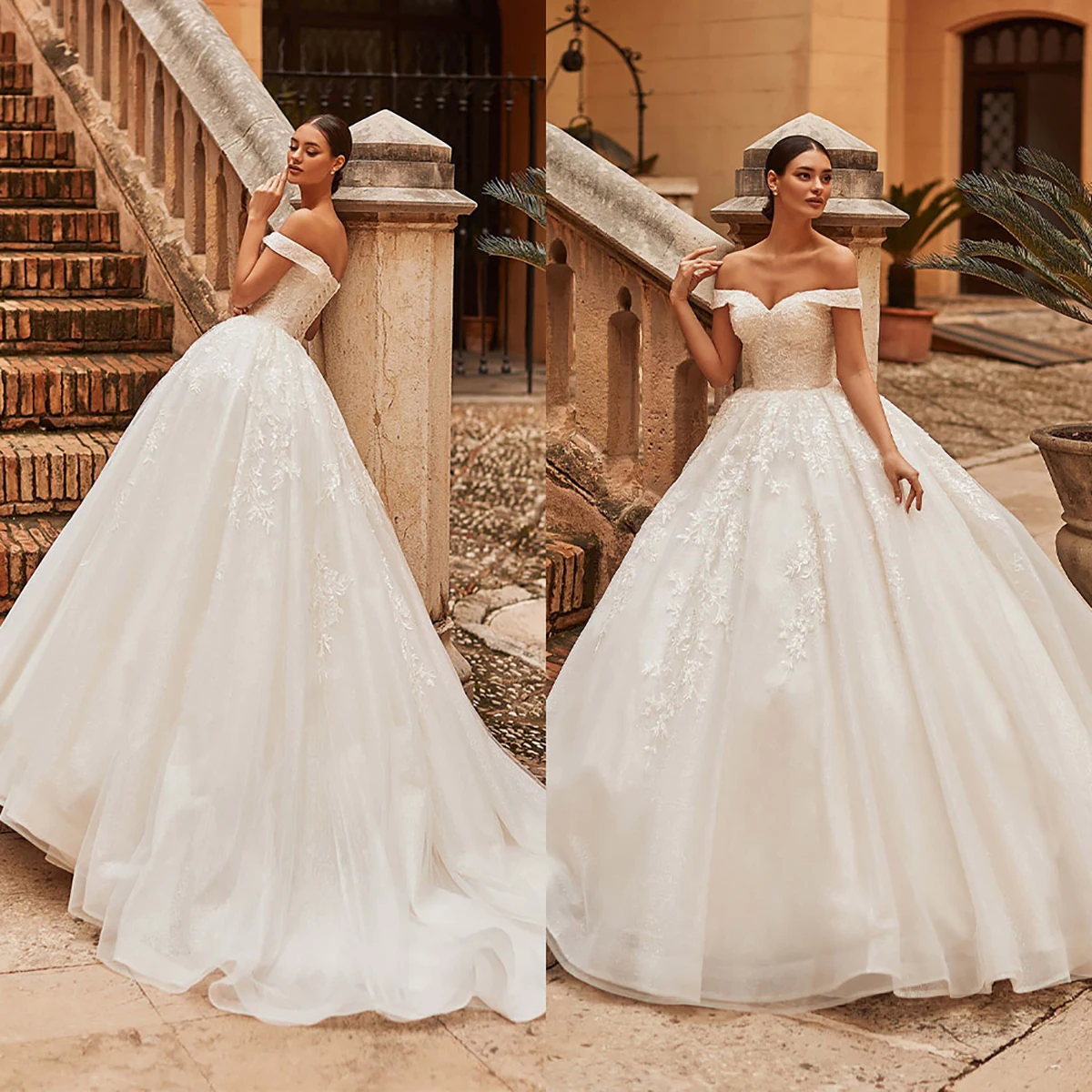

Classic A-Line Wedding Dress For Women Appliques Bridal Gown Off-Shoulder Skirt Sleeveless Sweep Train Dresses