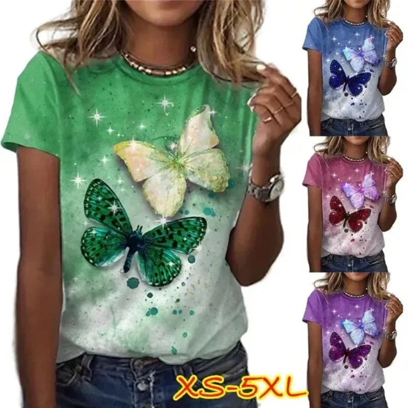 Printed T-Shirts for Women Graphic Butterfly Print Tee Shirts Casual O-Neck Short Sleeve Tops Fashion Clothes Plus Size S-6XL