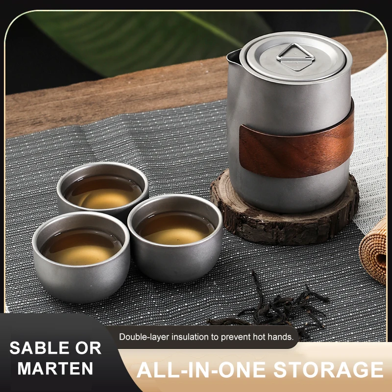 Lightweight Travel Tea Set Storage Bag Built-In Strainer Titanium Alloy Tea Cups Teapot Outdoor Camping Hiking Tableware