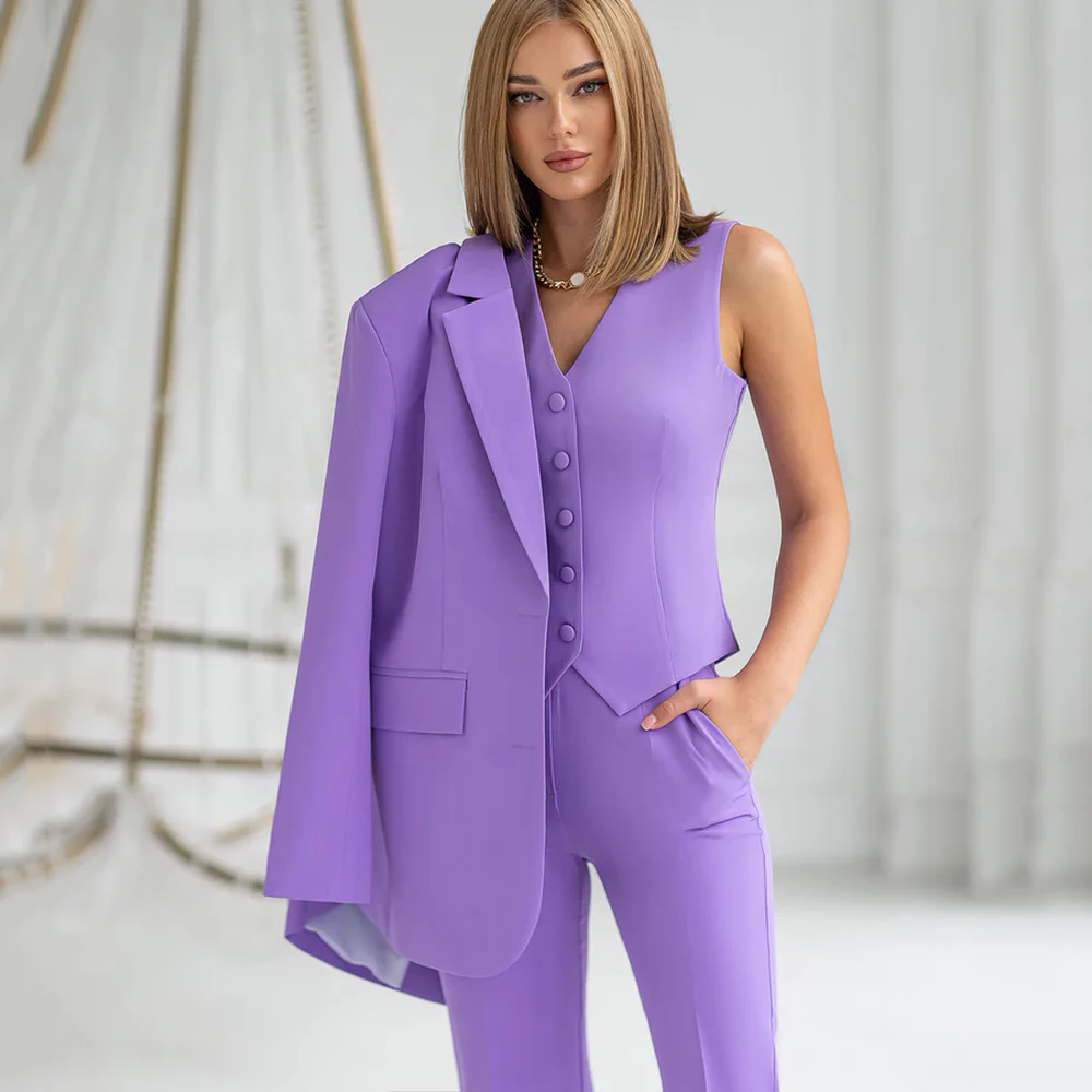 Purple Regular-Fit 3-Piece Suit Women's Business Office Set Jacket Vest Pant Top Quality Wedding Suit