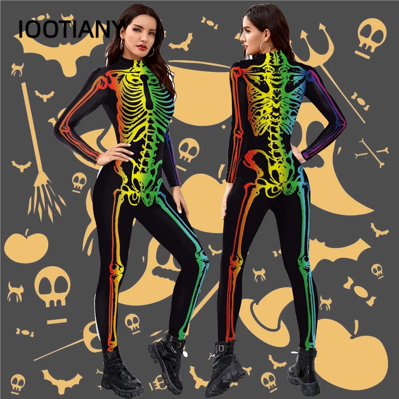 

IOOTIANY Halloween Carnival Purim Party Cosplay Bodysuit Women Cosplay Costumes Sexy Skinny Skeleton Printed Jumpsuit Catsuit