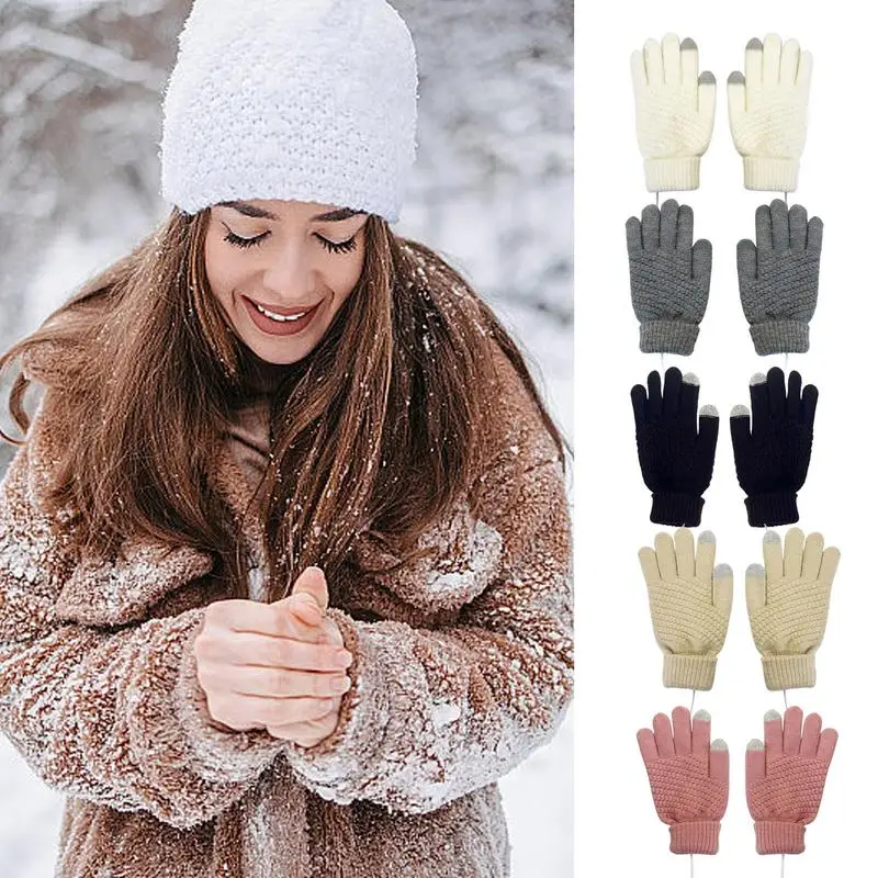 цена Зимние перчатки с USB подогревом, защитные теплые перчатки для сенсорного экрана, ветрозащитные вязаные шерстяные термоперчатки унисекс