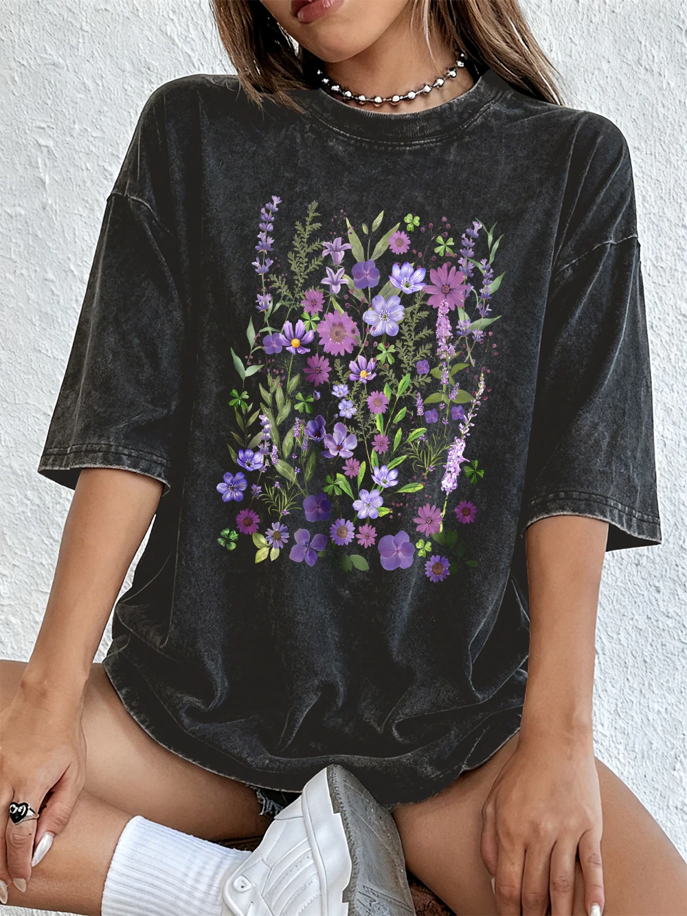 Vibrant Purple Watercolor Floral Oversized Cotton Tee