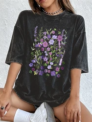 Vibrant Purple Watercolor Floral Oversized Cotton Tee - XXL (Black)