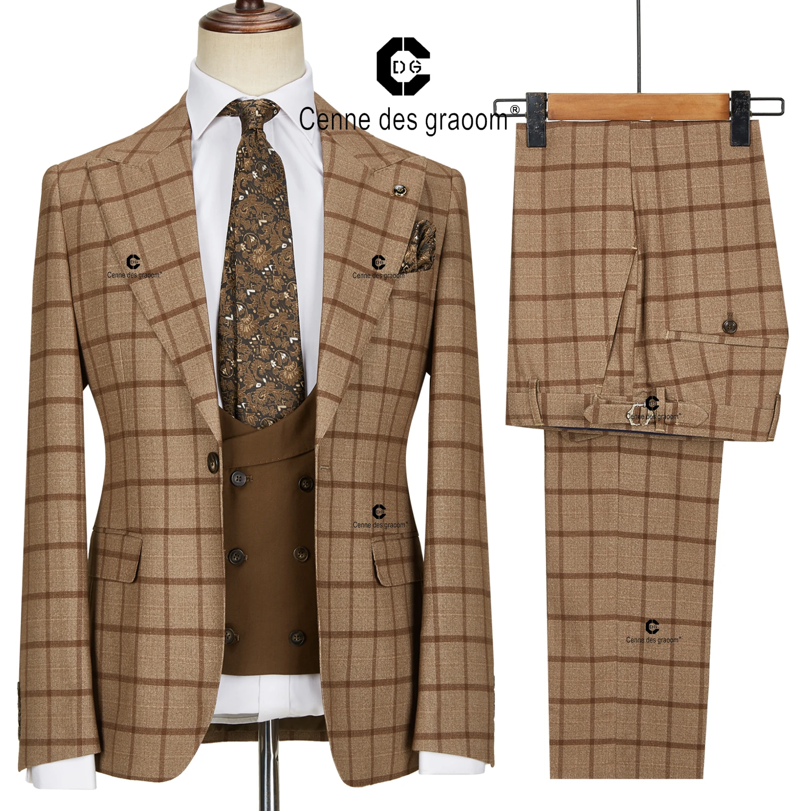 Men's Plaid Window Pane Pattern Suit Side Vent Regular Fit Tan Affordable - Discounted Priced On Clearance Sale main image 0