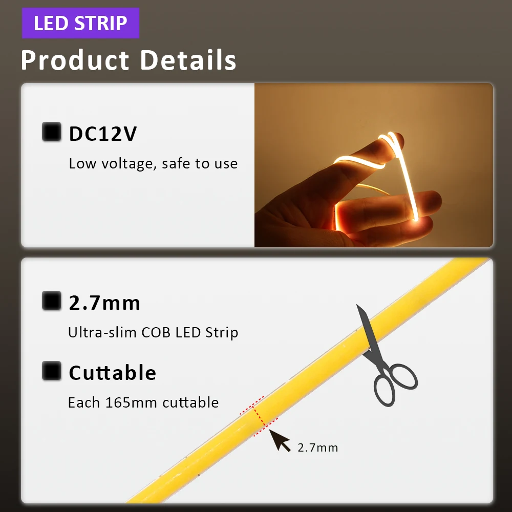 2.7mm Dimmable COB Strip Light Super Slim 12V 480LEDs/M Flexible Linear Lamp Colorful Warm Cool White Ribbon Car Decor Lighting 3