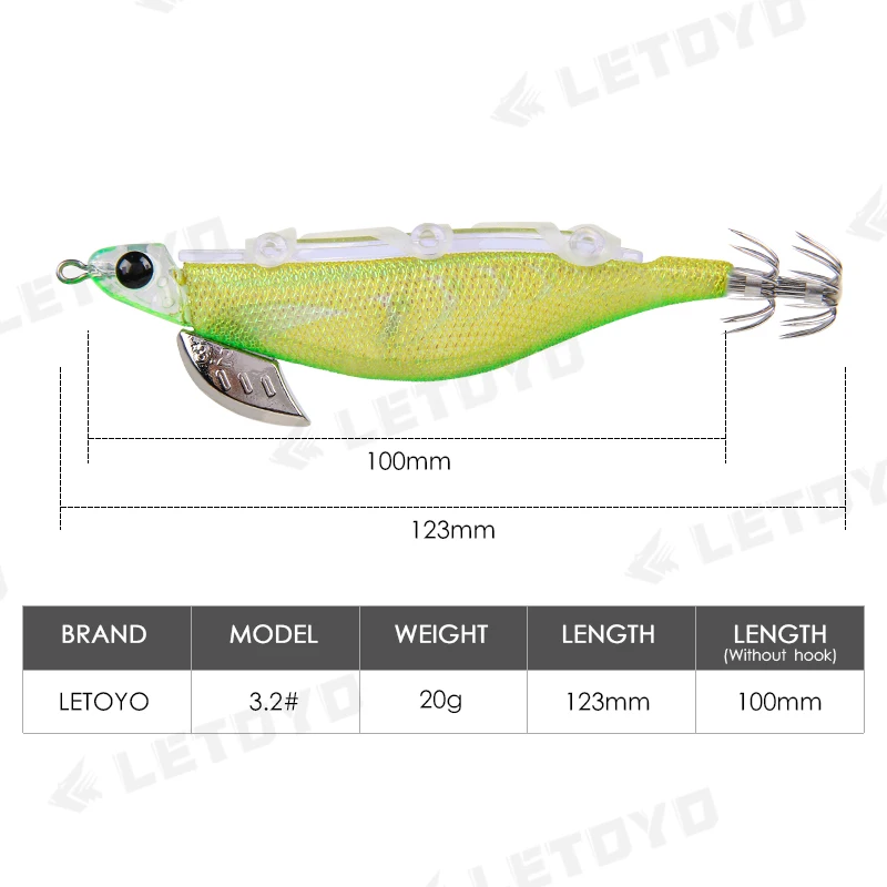 LETOYO Egi eginno 3.2# 20g 123mm Squid Jig Rattle Search Squid Fishing Lure Luminous Squid Hook Jigging Bait For Sea Fishing