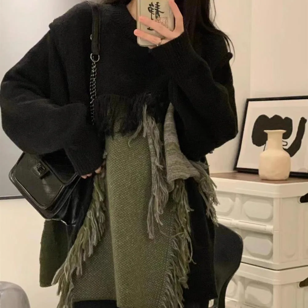 

Autumn New Women Patchwork knitted Sweater Korean Fashion Tassel Female Loose Jumper Streetwear lady Pullover Top Casual Sweater