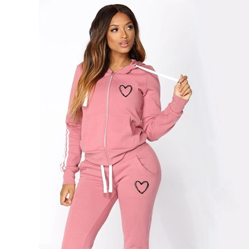 Women Fashion Heart Casual Tracksuits Long Sleeve Zipper Hoodies and Trousers Sport Suits Hoodies Slim Jogging Suits